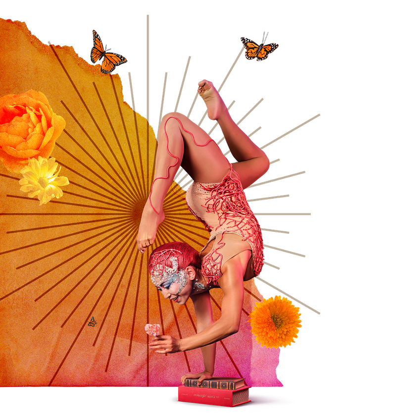 A contortionist balancing on one hand atop stacked books, surrounded by orange and yellow flowers, butterflies, and radiating graphic lines. The warm gradient background enhances the acrobatic pose and artistic details of the costume.